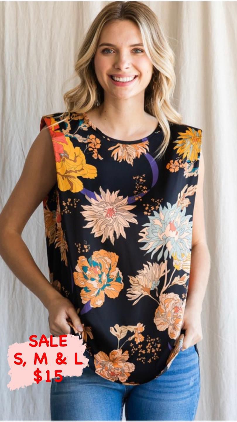 Flower Satin Padded Shoulder Top